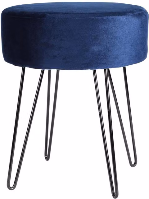 Harbour Housewares Round Velvet Footstool with Black Hairpin Legs in Blue