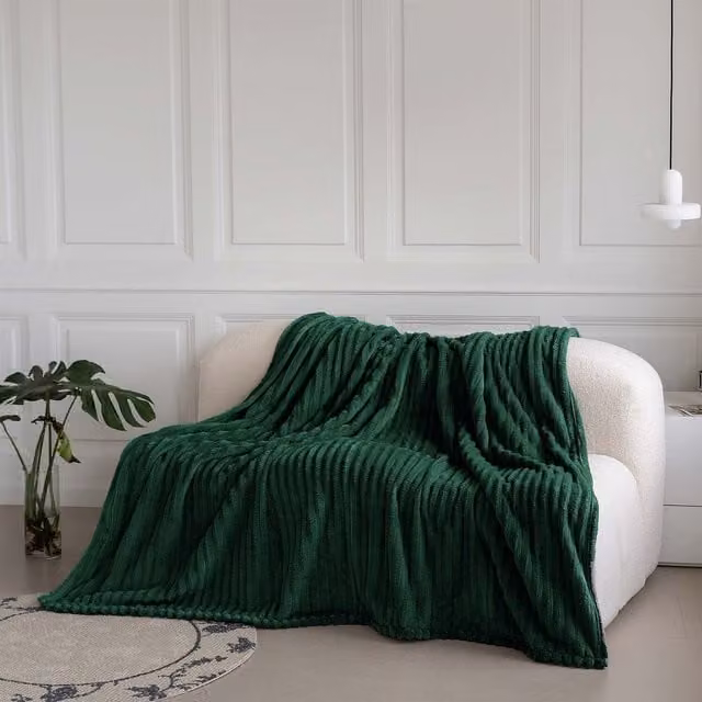 Velosso Green Velvet Striped Throw Blanket, W: 200 cm, D: 240 cm
