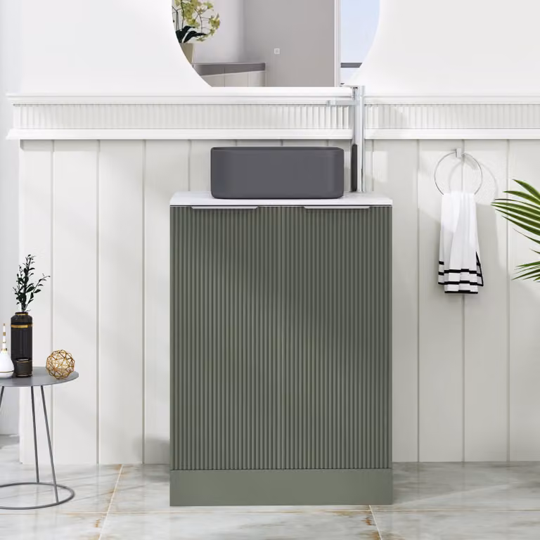 Royal Bathrooms Evora Sage Green Fluted Floor Standing Countertop Vanity Unit with Art Square Basin and 2 Soft Close Doors