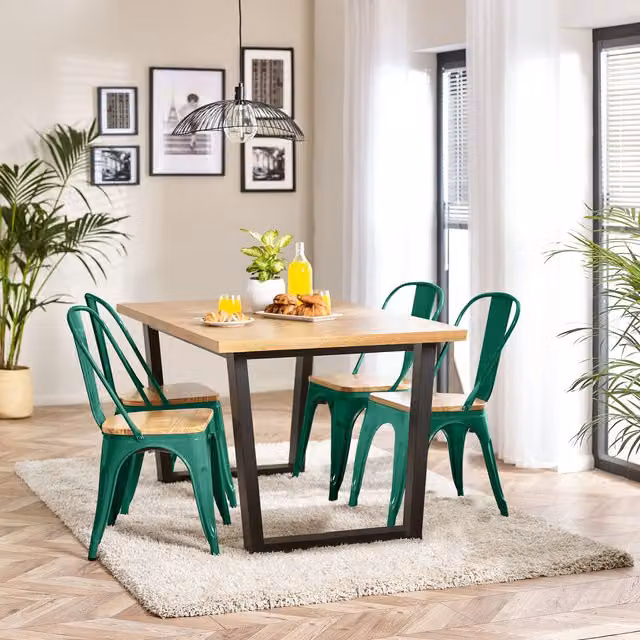 FurnitureboxUK Cotswold Oak Dining Table with 4 Colton Wooden Seat Metal Chairs in Green and Black