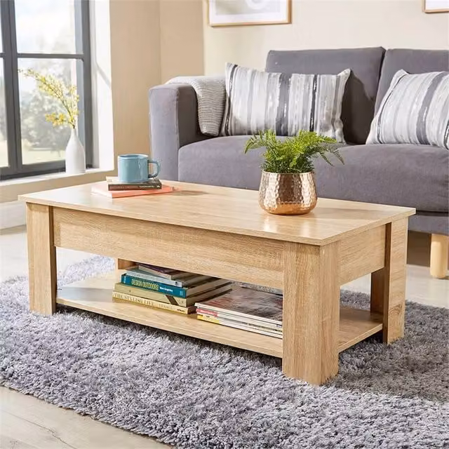 Nordara Brown Oak Wooden Lift Top Coffee Table with Storage and Shelf, W: 120 cm, D: 70 cm, H: 70 cm