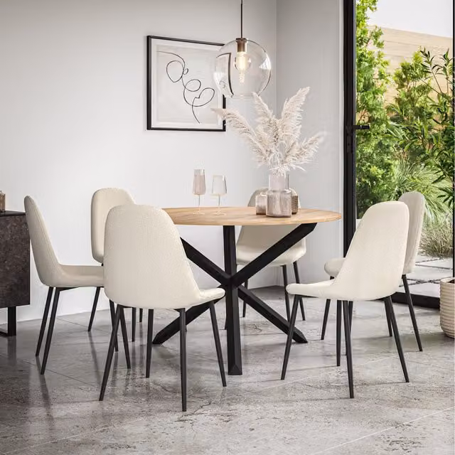 More4Homes Malvern Round Oak Effect Dining Table Set with 6 White Maya Chairs and Black Oak Legs