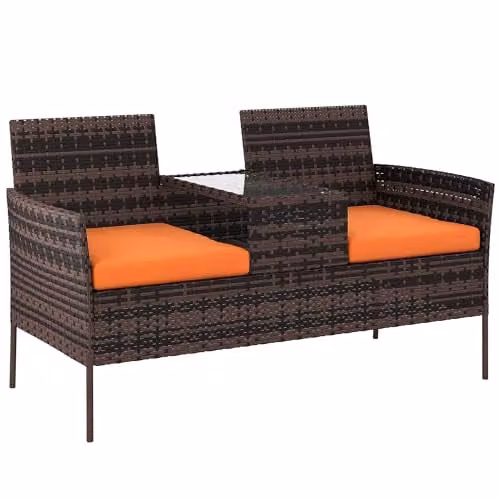 Outsunny Rattan Garden Set with 2 Seater Outdoor Sofa, Coffee Table and Cushions in Brown and Orange – 1
