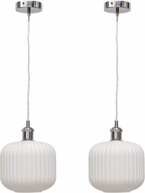 First Choice Lighting Bento Set of 2 Retro Pendant Lights with White Ribbed Glass and Chrome Finish – 1
