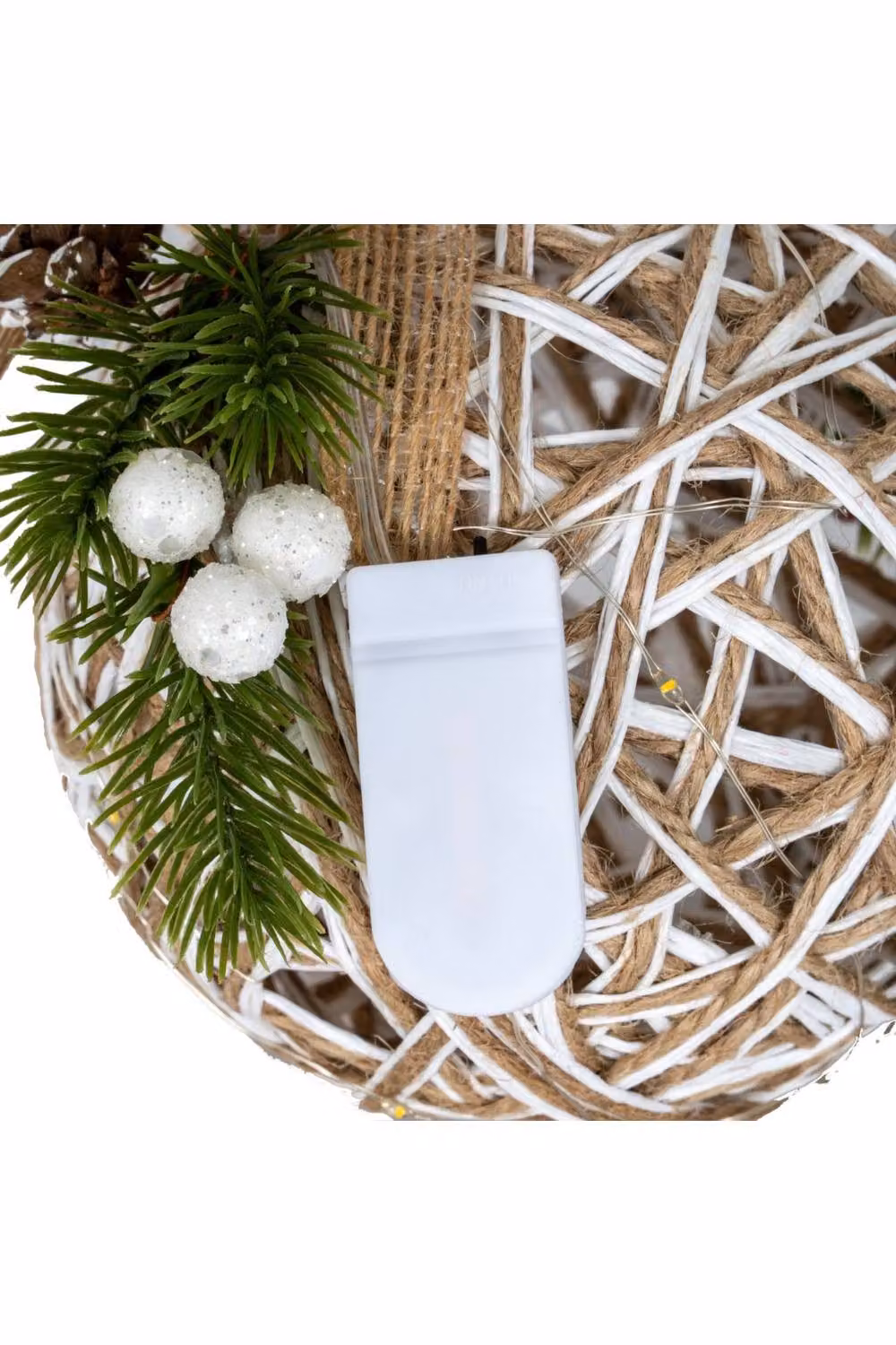 KDMD White Rattan Christmas Bauble with LED Lights, Branches and Ribbon – 3