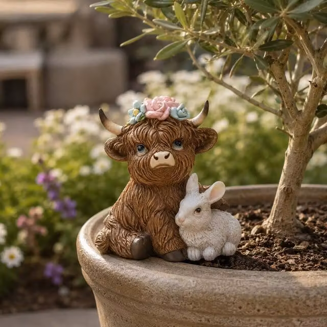 Country Living Highland Cow with Spring Bunny Tabletop Decoration in Brown and White