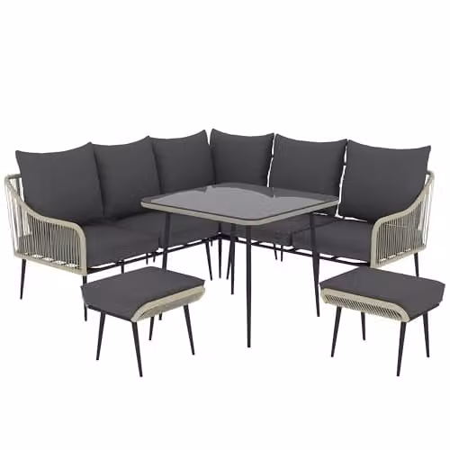 Outsunny 6 Piece Rattan Garden Furniture Set with L-Shape Corner Sofa, Ottoman, Coffee Table and Cushions in Grey – 1