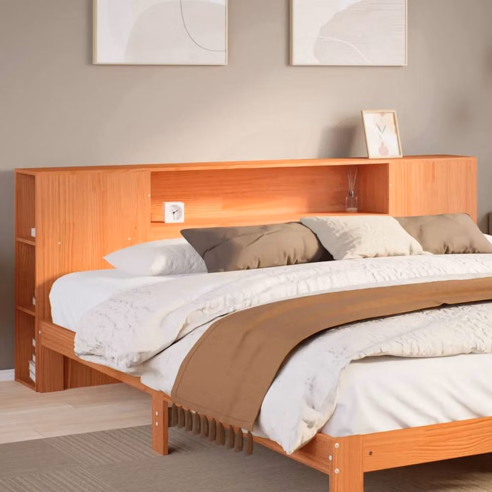 Berkfield Home Modern Solid Pine Wood Headboard with Integrated Storage Shelves in Waxed Brown, W/H: 200 x 206 cm – 2