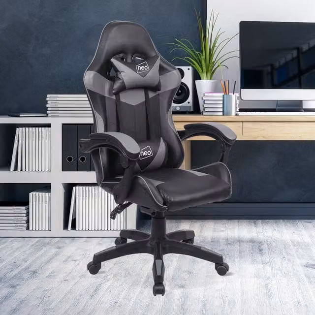 Neo Sport Racing Gaming Office Chair in Grey and Green with PU Leather and Headrest