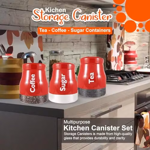 ATEK Set of 3 Glass Kitchen Storage Canisters with Screw Lids, Red and White Multipurpose Tea, Coffee and Sugar Jars – 6