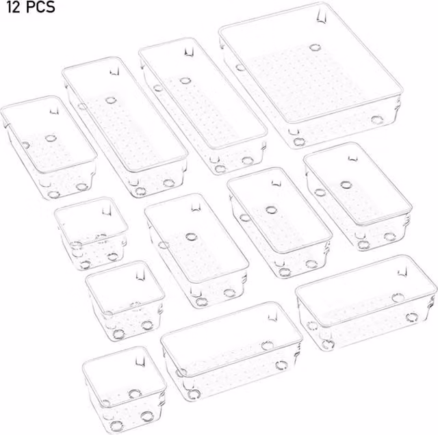 Livingandhome Set of 12 Stackable Multi-Compartment Clear Acrylic Desk Organisers