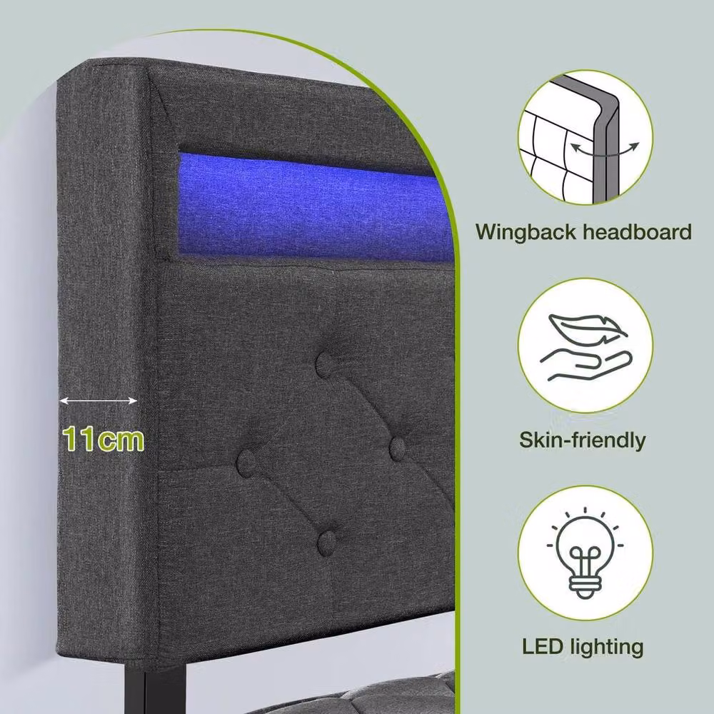 SPETLEK Cot Bed Frame with Upholstered Headboard, LED Under-Bed Lighting, USB Charging Port and Bedside Shelf in Light Grey – 2
