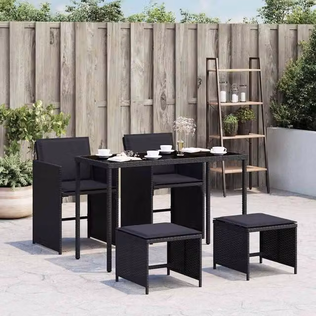 Berkfield Home 5 Piece Black Poly Rattan Garden Dining Set with Cushions