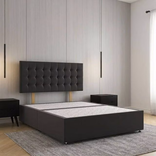 REGIONAL FURNISHINGS Plush Velvet Divan Bed Base with 24 inch Headboard in Black, King Size (W: 180 cm, D: 200 cm)