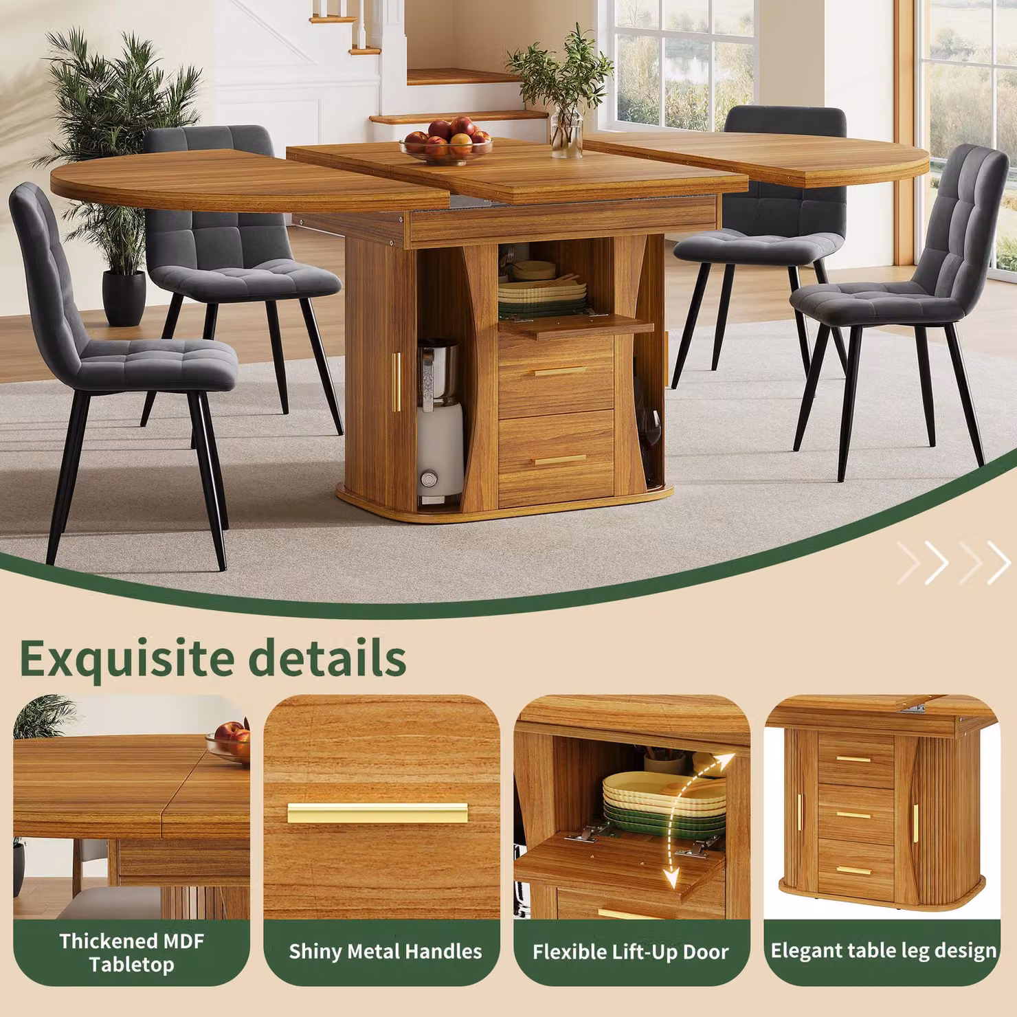 Aosom UK Extendable Round Dining Table with 3-Tier Hidden Storage and Sliding Rail, Walnut Brown, W/D/H: 118 x 118 x 77 cm (Extends to 158 cm) – 4