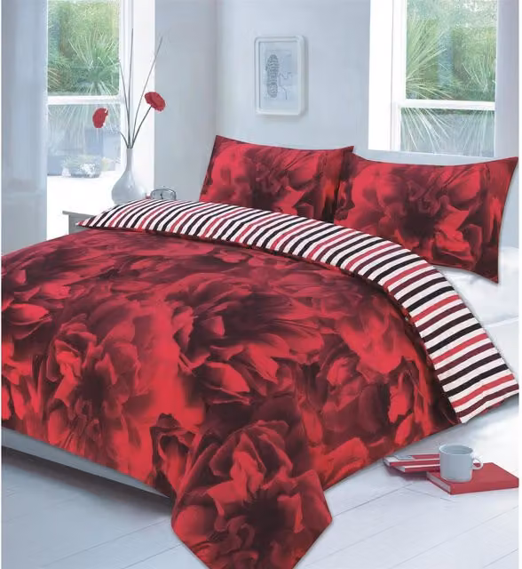 HomeSpace Direct Reversible Red Floral Duvet Cover Set, W: 180 cm, H: 200 cm