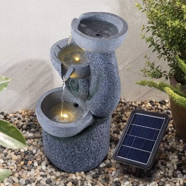 Breeins Grey Solar Cascade Outdoor Multi Tier Tabletop Fountain with LED Lights, Height: 46 cm