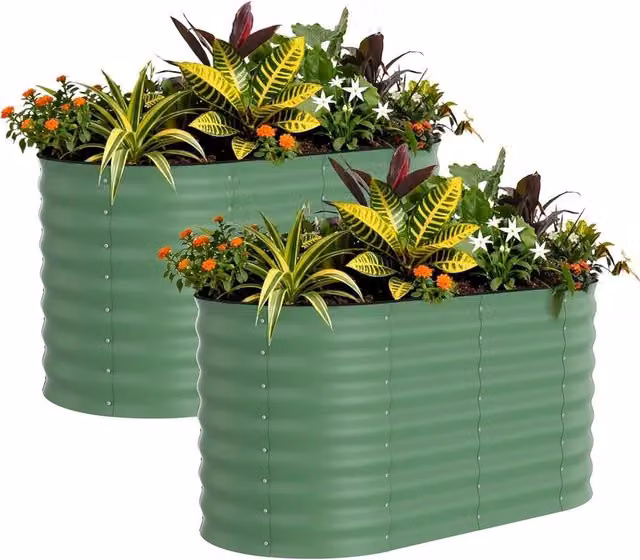 VOGREX Set of 2 Green Galvanised Steel Raised Garden Beds for Vegetable, Herb and Ornamental Plants, W/D/H: 121.92 x 60.96 x 60.96 cm