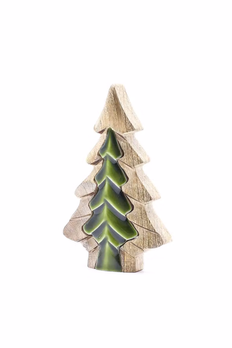 KDMD Lost in the Forest Small Tree Wooden Decor in Beige and Green, W/D/H: 15 x 15 x 10 cm