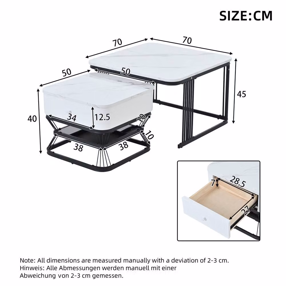 Merax White Marble Effect Nesting Coffee Table Set of 2 with Drawer and Shelf – 2