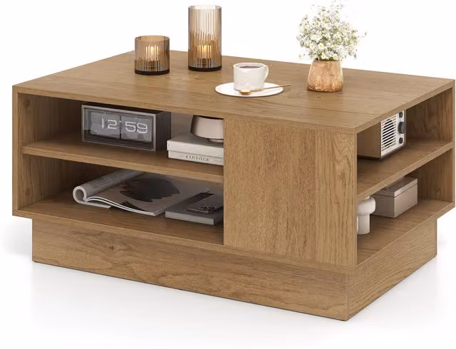 COSTWAY Modern Rectangular Coffee Table in Brown and White
