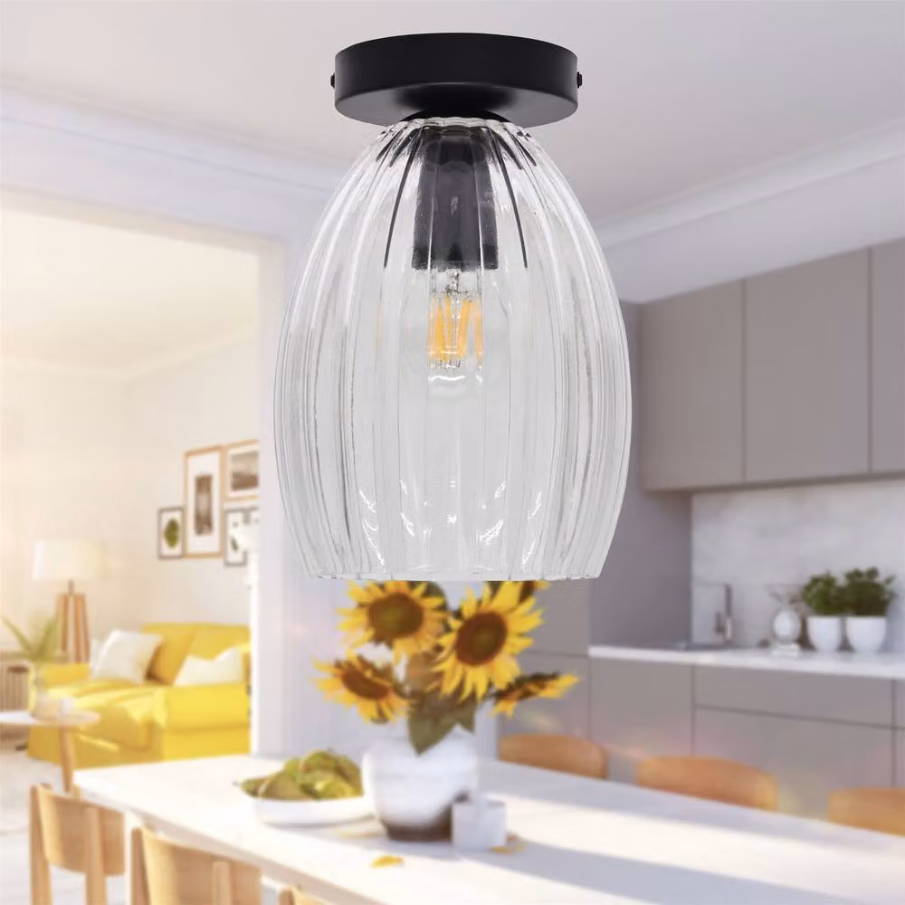 First Choice Lighting Birch Set of 2 Black Ceiling Light Fittings with Transparent Fluted Glass – 4