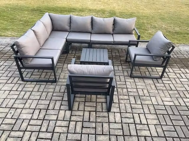 Fimous 8 Seater Aluminium Garden Furniture Set with L-Shape Corner Sofa, 2 Chairs and Coffee Table in Dark Grey