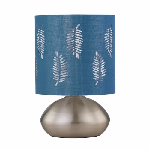First Choice Lighting Jenson Touch Table Lamp in Chrome with Petrol Blue Fabric Shade – 1