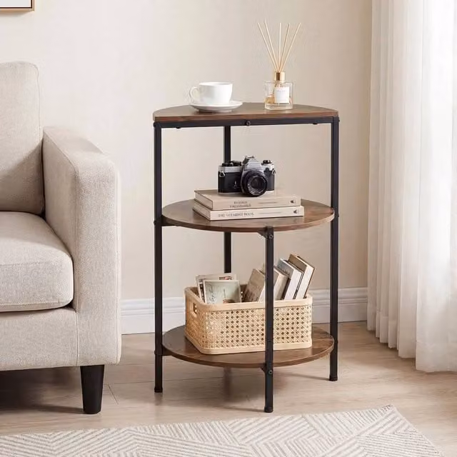 KORVIXA Industrial Round End Table with Storage Shelves in Brown, W/D/H: 100 x 100 x 63 cm