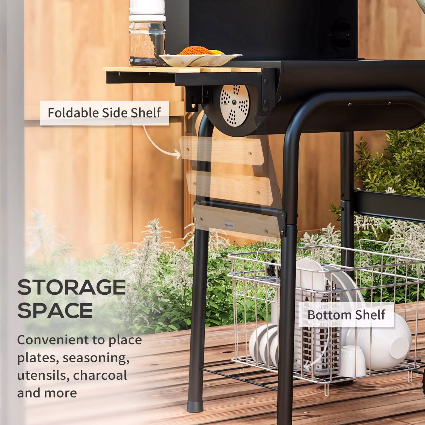 Outsunny Charcoal Barbecue Grill Trolley with Shelves and Thermometer, Black, W/D/H: 83 x 115 x 115 cm – 6