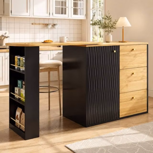 Merax Black Glossy Extendable Kitchen Island Bar Table and Sideboard with 3 Drawers