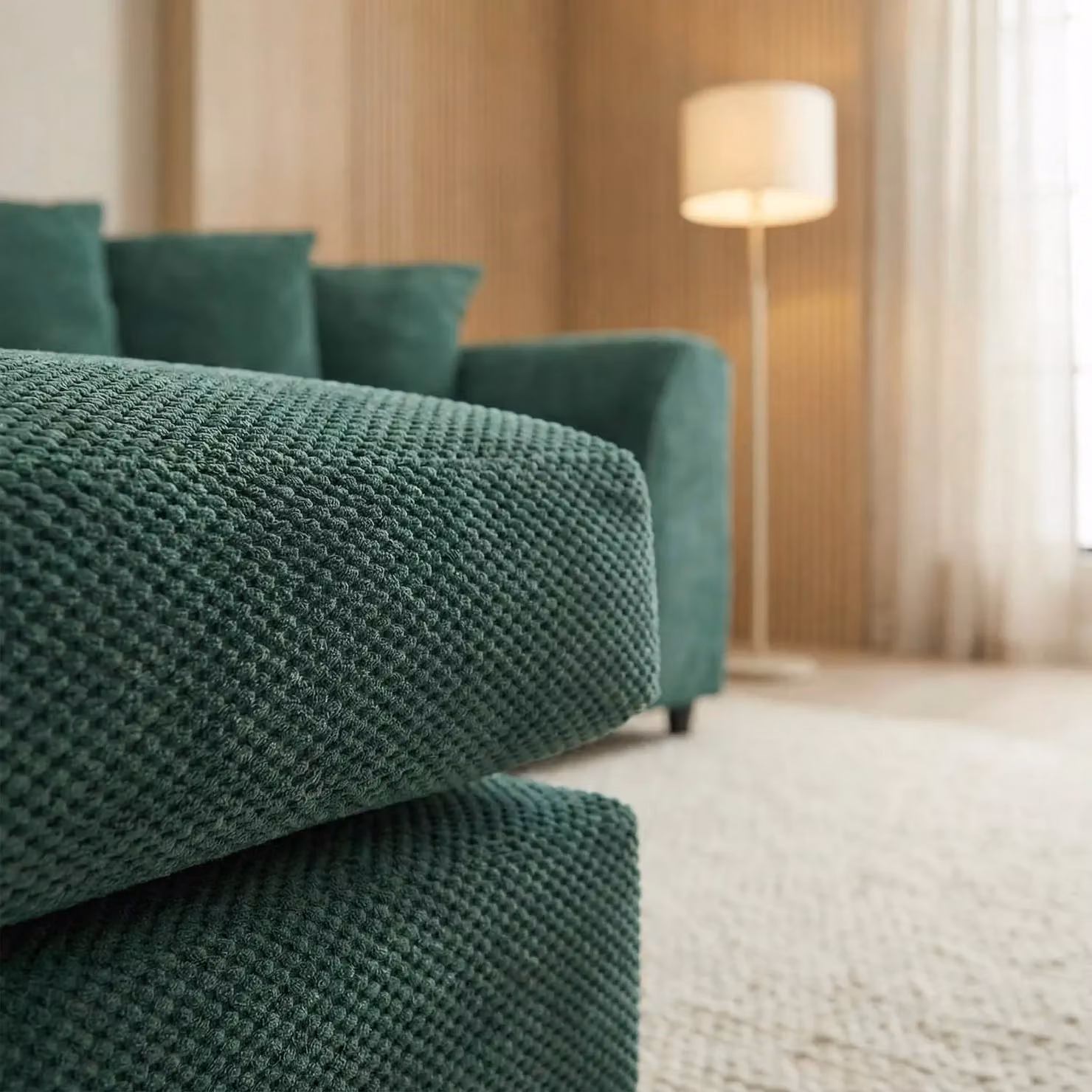 Abakus Direct Jumbo Grid Left Hand Corner Sofa in Green with Scatter Cushions – 3