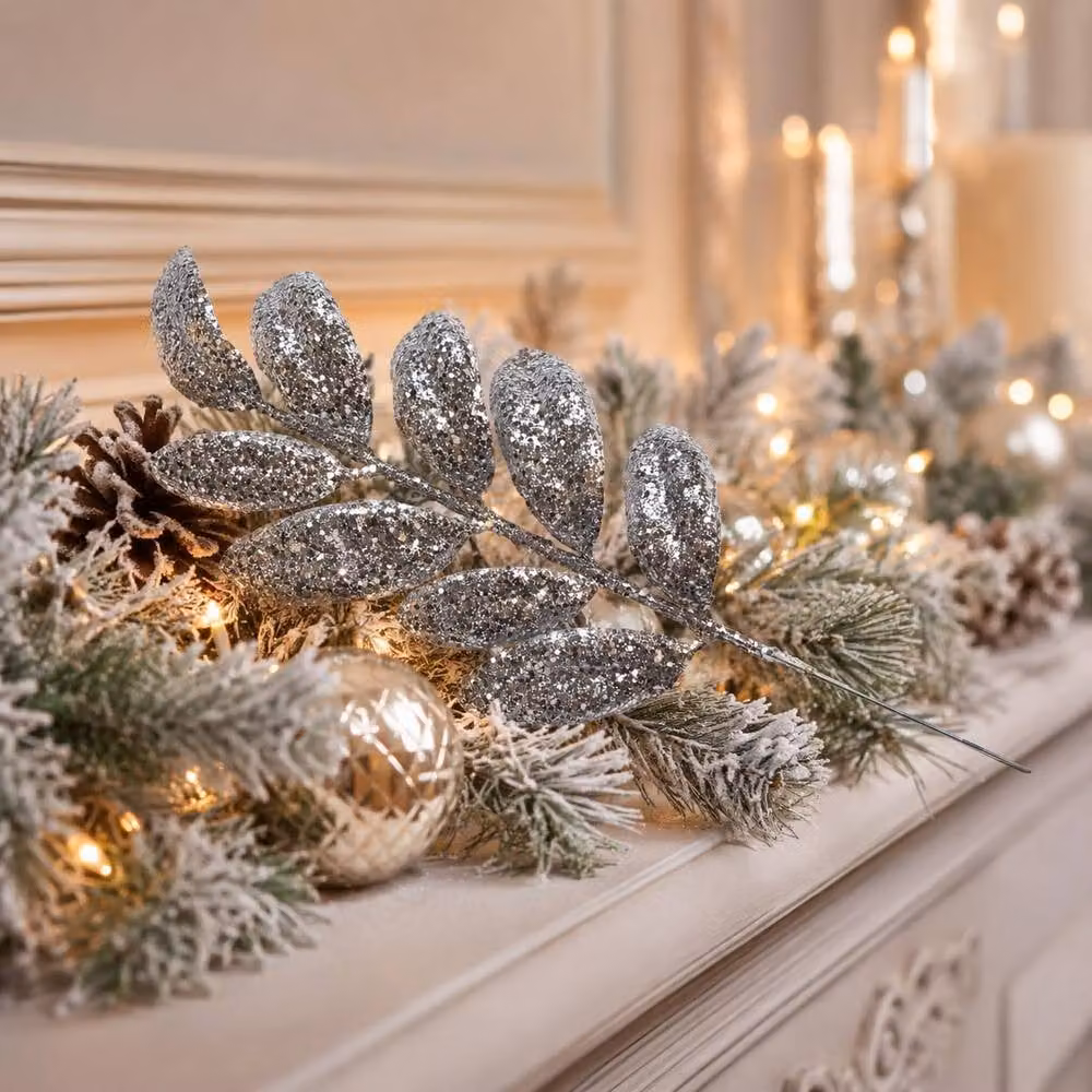 Shatchi 18 Pack Silver Glitter Walnut Leaf Christmas Tree Picks, 35 cm – 5