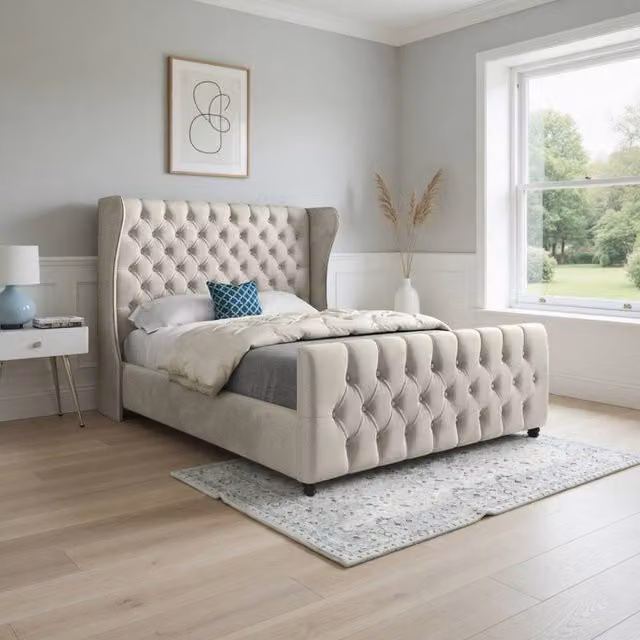 Casani Horsham Upholstered Velvet Designer Bed Frame in Beige, Size: Double (140 x 200 cm) – 1