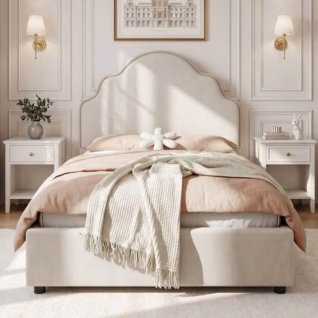 Matteo Girl's Scalloped Upholstered Hydraulic Ottoman Kids Bed Frame, Beige Linen, W/D/H: 90 x 190 cm