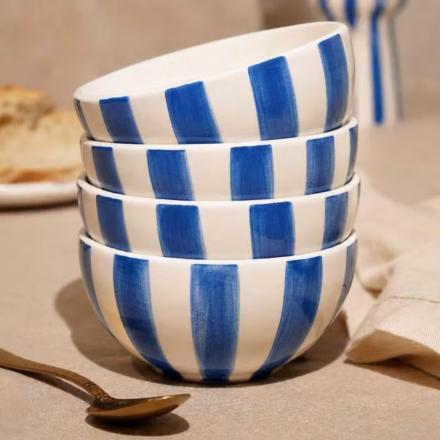 Hestia Set of 4 Blue and White Striped Ceramic Bowls – 1