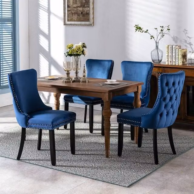 Modern Home Touch Sierra Lux Set of 4 Blue Velvet Tufted Wing Back Dining Chairs with Oak Wood Frames – 1