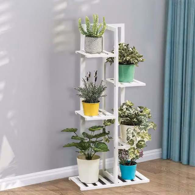 Livingandhome Rustic White Multi-Tiered Wooden Plant Stand for Indoor and Garden Use