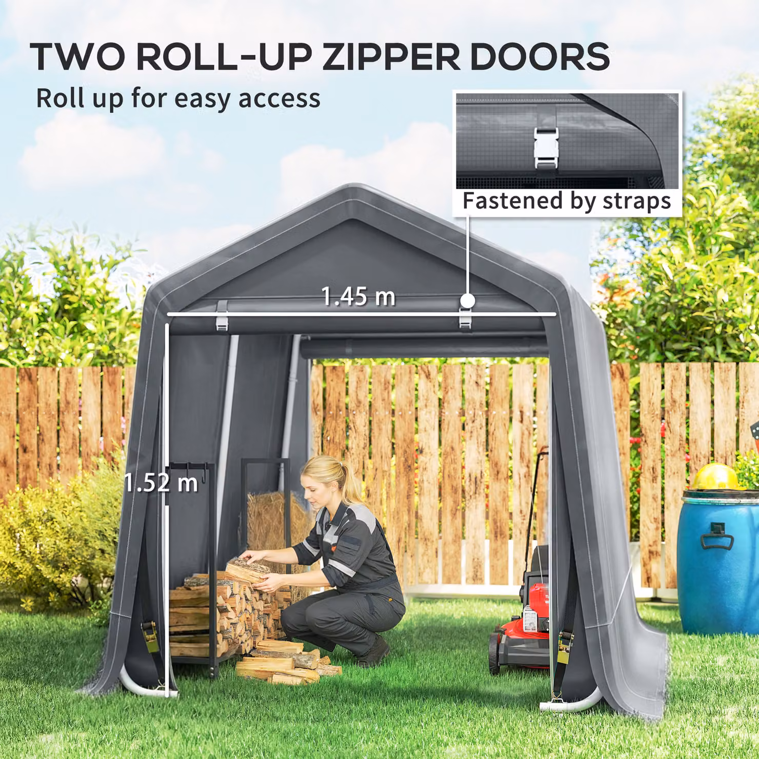 Outsunny Waterproof Outdoor Garden Storage Shed and Bike Tent with Double Roll-up Zipper Door, Dark Grey – 5