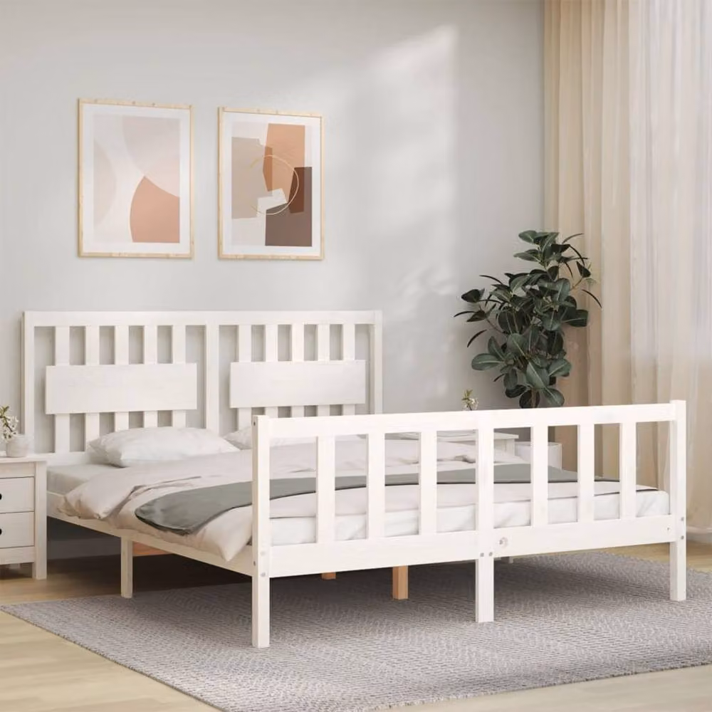 Berkfield Home Solid Wood Bed Frame with Headboard in White, 160 x 200 cm – 2