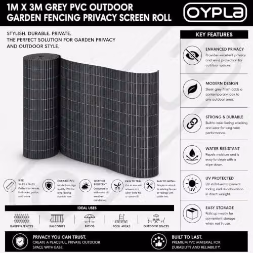 Oypla Grey PVC Matte Opaque Outdoor Garden Fencing Privacy Screen Roll – 5