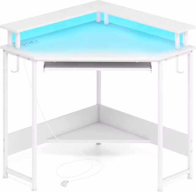 Costway White Triangle Corner Gaming Desk with Charging Station and LED Lighting – 1