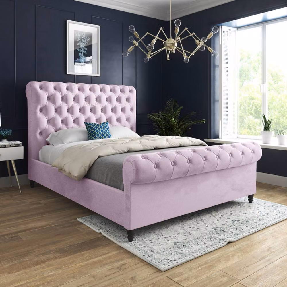 Casani Stopham Sleigh Upholstered Designer Bed Frame in Pink Soft Velvet, Super King, W/D/H: 200 x 189 x 119 cm – 2