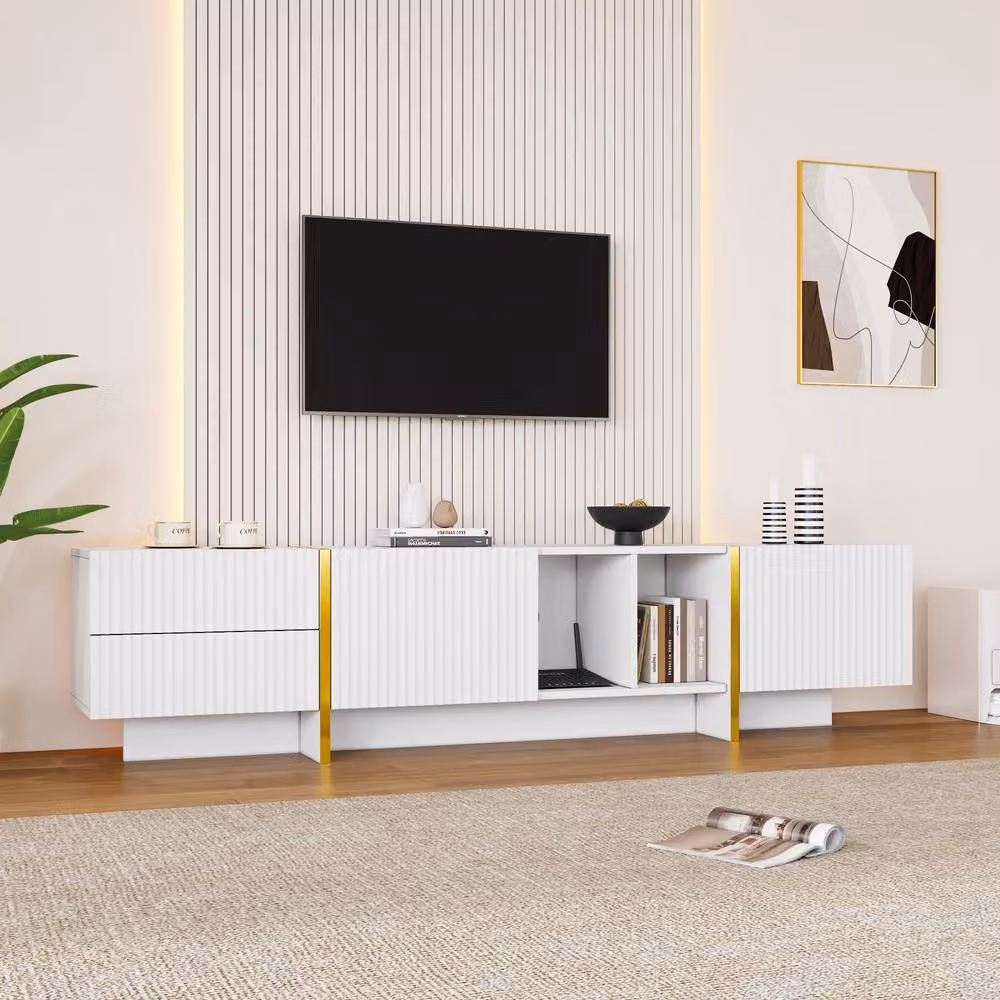 ModernLuxe Modern TV Cabinet with 2 Drawers, Storage Cabinet and Open Shelves in White and Multicolour Matt Finish – 2