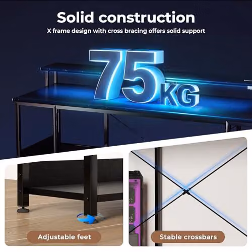 Levede Black Gaming Desk with Monitor Shelf and Storage Shelves, W: 140 cm, D: 50 cm, H: 86.5 cm – 3