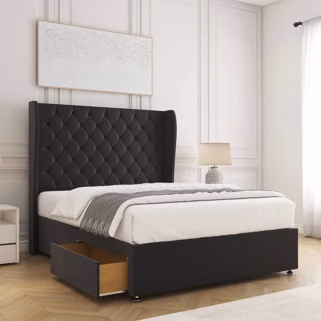 BSSPOKE Amelia Small Double Divan Bed Set with 2 Drawers, Plush Velvet Headboard and Mattress, Black, W/D/H: 120 x 200 cm