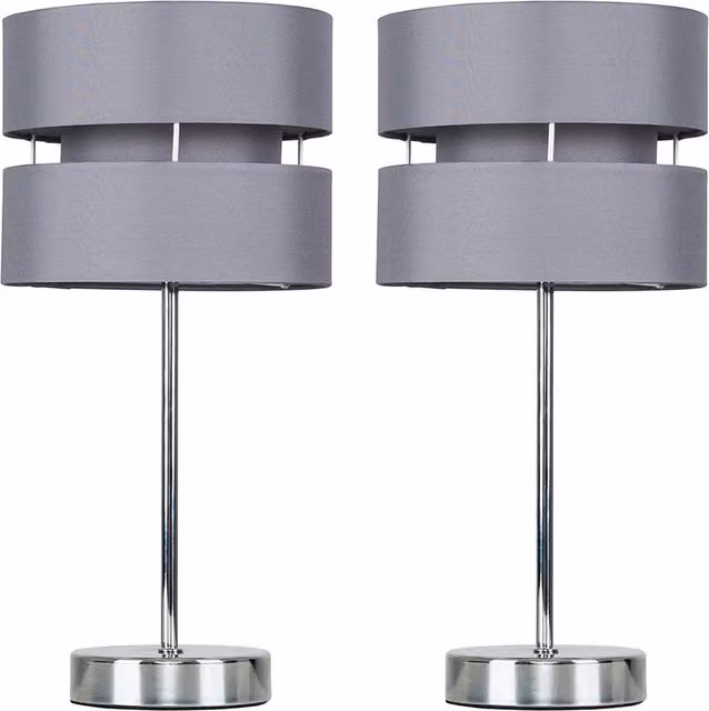 ValueLights Set of 2 Chrome Bedside Table Lamps with Grey Fabric Shades in Silver