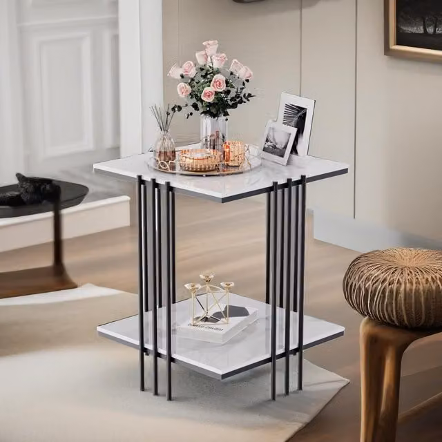 Pirlo Plush 2 Tier Square Faux Marble Side Table in Black and White with Gold Accents