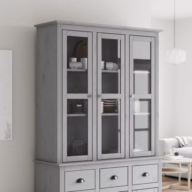 Berkfield Home BODO Grey Solid Wood Pine Cabinet with Glass Doors and Internal Shelves