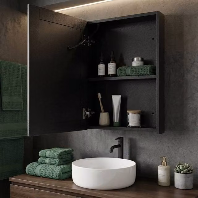 Wyld and Coco Luxor LED Mirror Cabinet in Black with Glass Doors, W/H: 40 x 60 cm